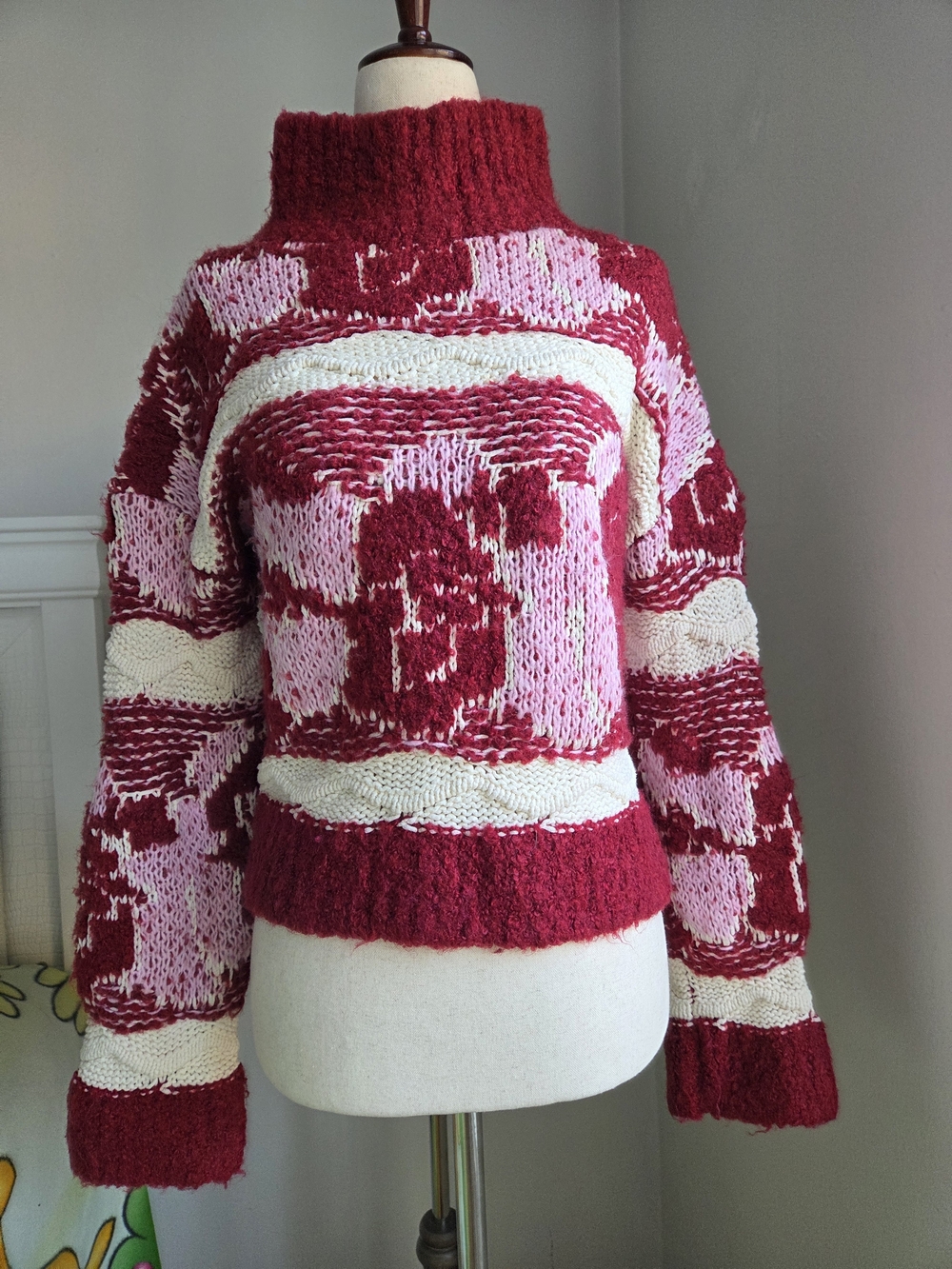 Anthropologie Red, Pink & Cream Patterned Turtleneck Sweater